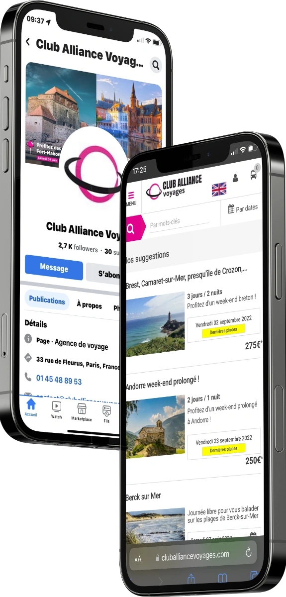 Page Facebook de Club Alliance Voyages et page d'accueil du site